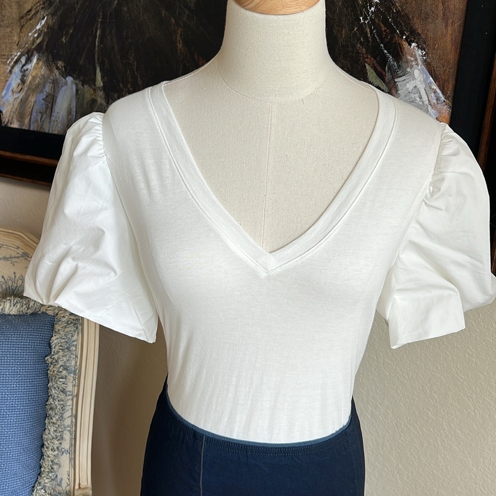 INC International Concepts White Puff Sleeve 100% Cotton V Neck Top Sz M - Picture 2 of 6